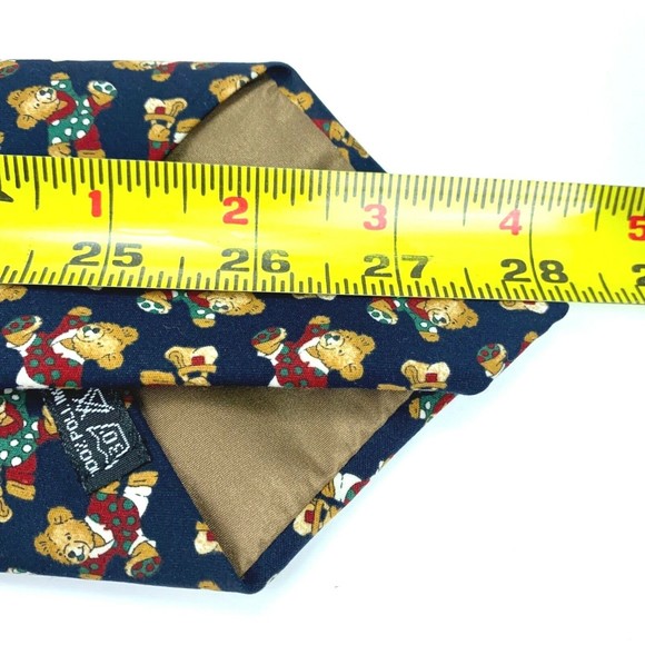 Como Seda Necktie Christmas Bear in Polka Dot Pj's Navy Blue Green Red White Tie - Picture 9 of 9